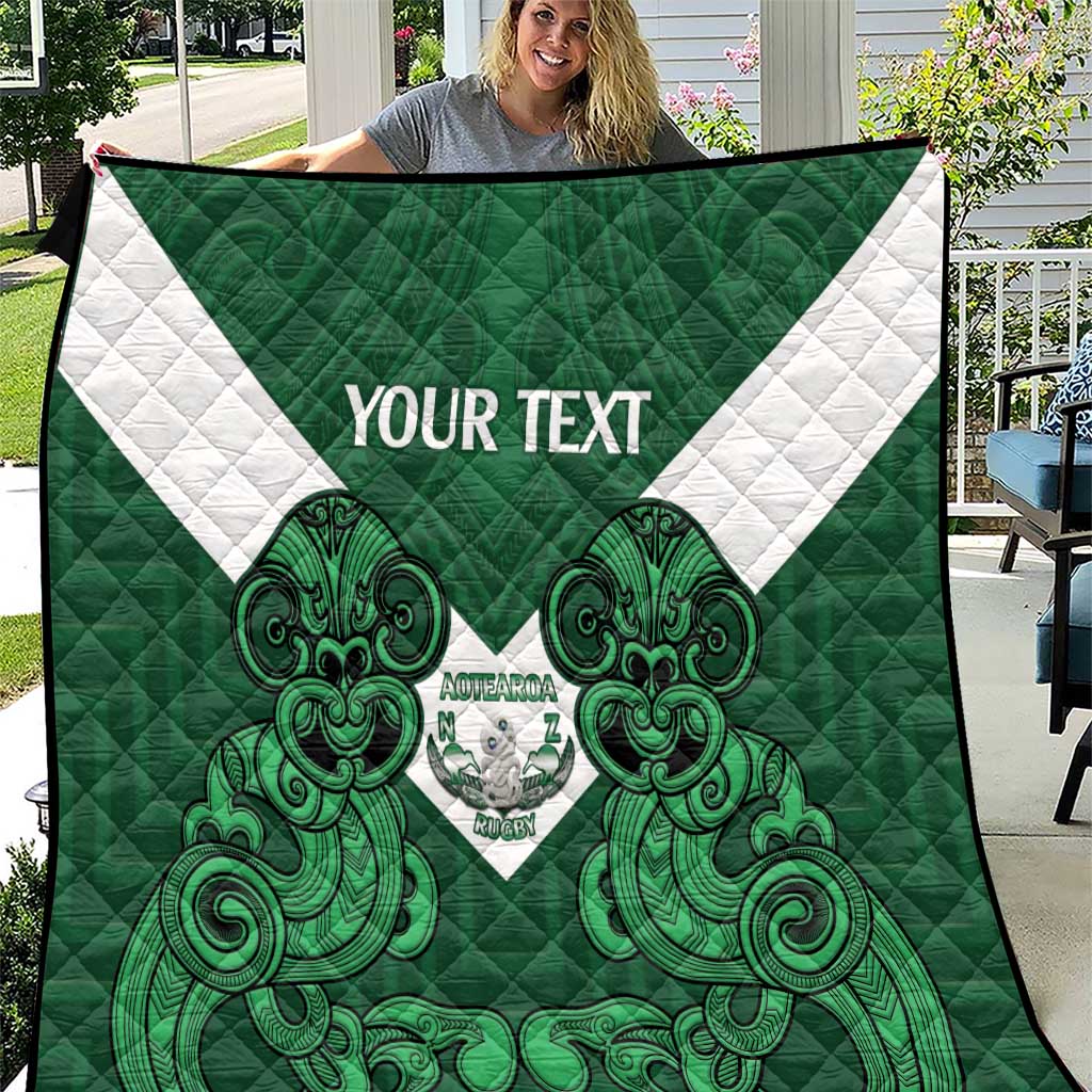 Custom Aotearoa Rugby Quilt New Zealand Maori Kete Poutama Pattern LT14 Green - Polynesian Pride