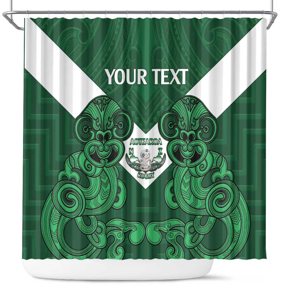 Custom Aotearoa Rugby Shower Curtain New Zealand Maori Kete Poutama Pattern LT14 Green - Polynesian Pride