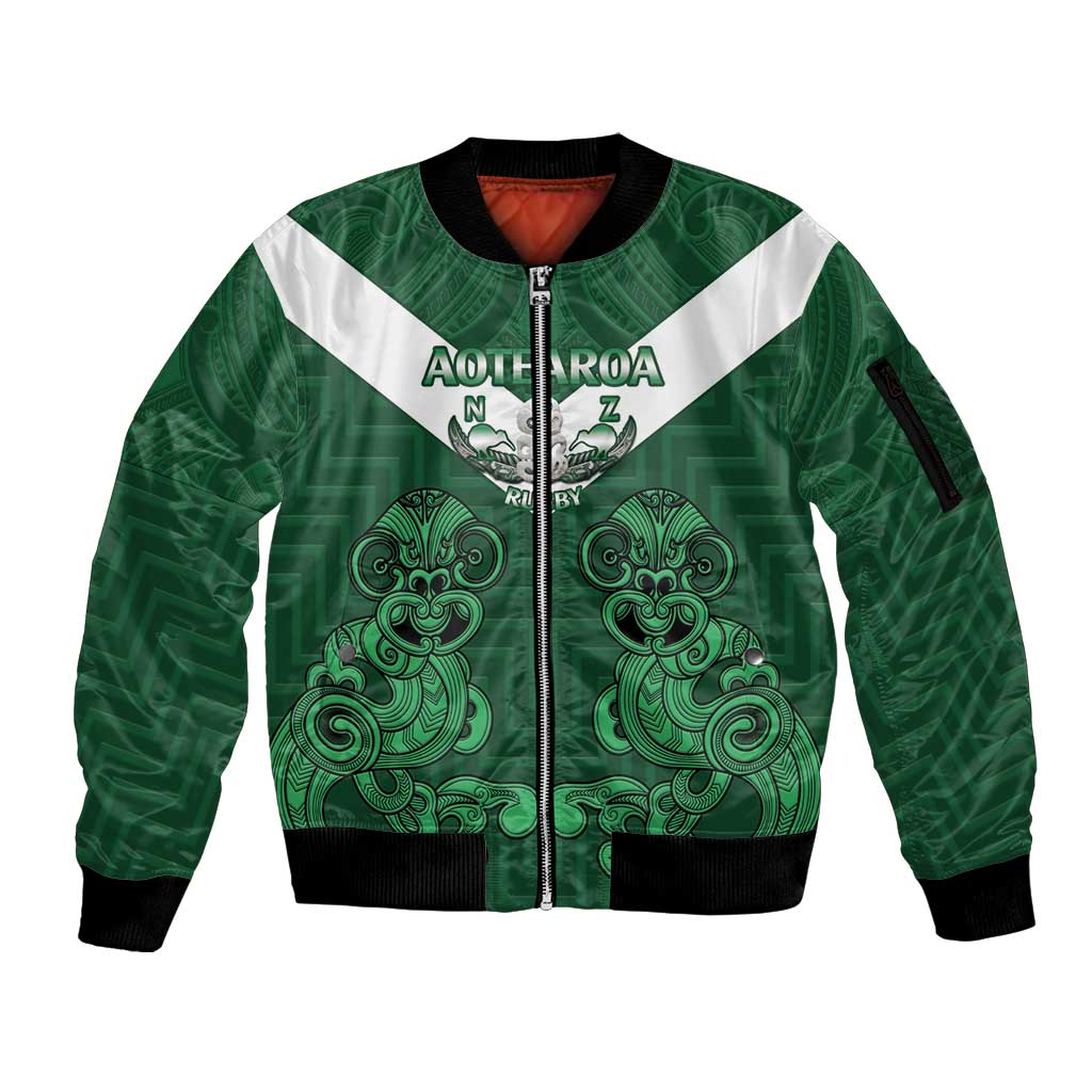 Custom Aotearoa Rugby Sleeve Zip Bomber Jacket New Zealand Maori Kete Poutama Pattern LT14 Unisex Green - Polynesian Pride