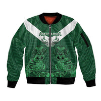 Custom Aotearoa Rugby Sleeve Zip Bomber Jacket New Zealand Maori Kete Poutama Pattern LT14 Unisex Green - Polynesian Pride