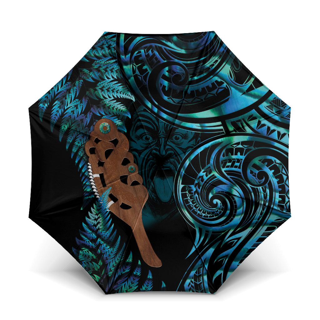 Maripi New Zealand Umbrella Maori Weapon Paua Shell Haka Fern LT14 One Size Folded 11.42 inch Opened Diameter 37.4 inch Turquoise - Polynesian Pride