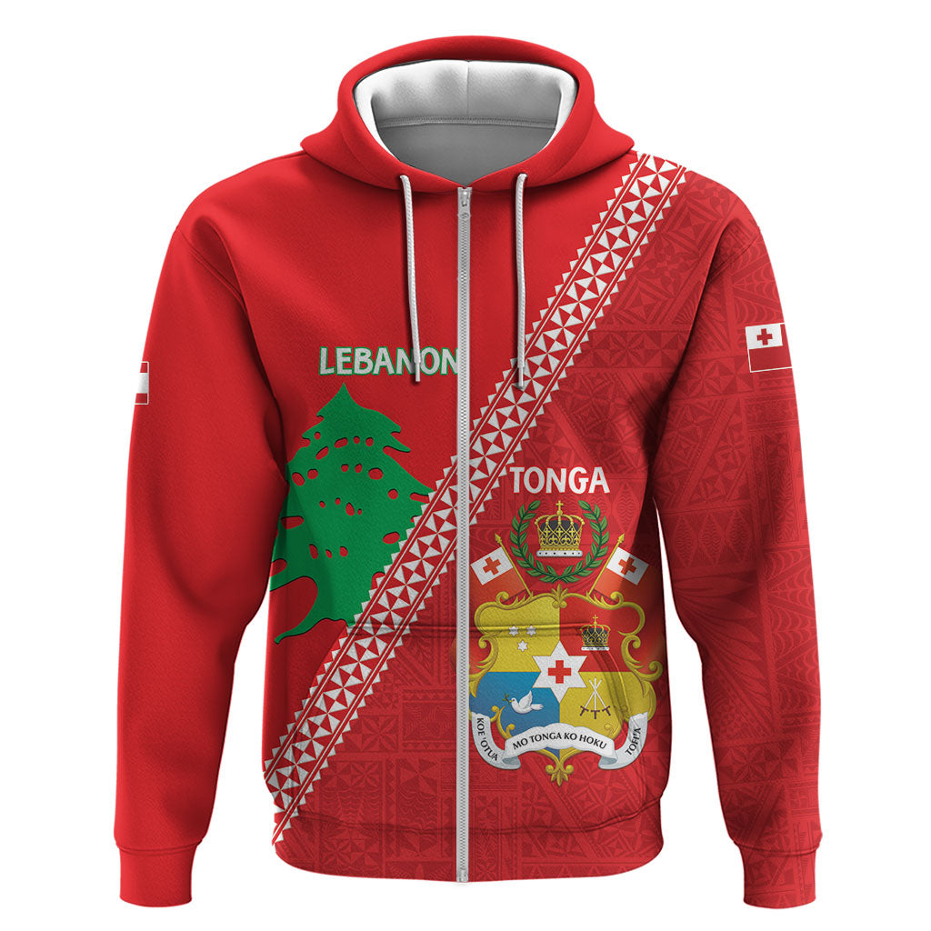 Tonga And Lebanon Hoodie 2026 Together Half Style LT14 Zip Hoodie Red - Polynesian Pride