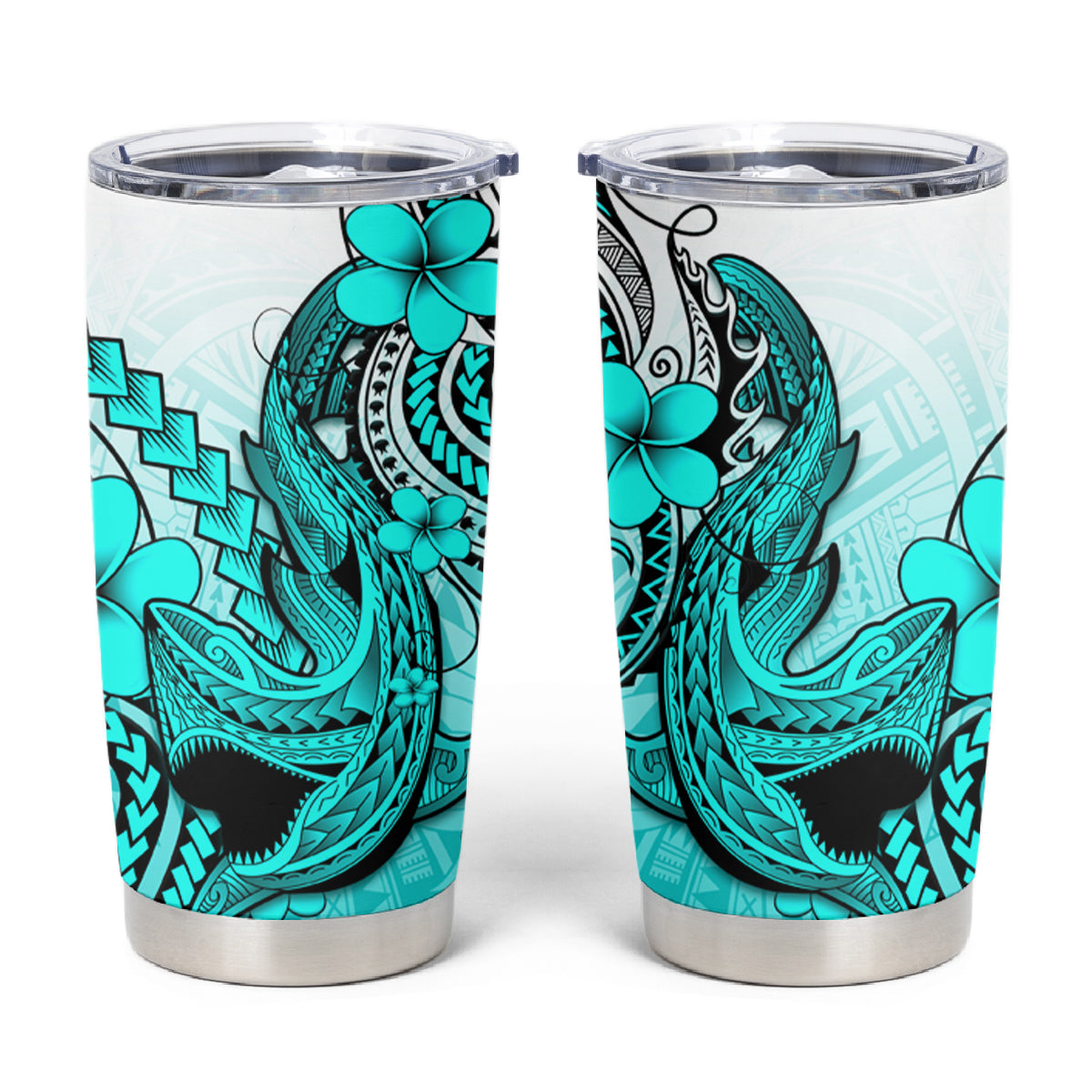 Hawaii Tumbler Cup Polynesian Shark Tattoo With Plumeria Turquoise Gradient LT14 Turquoise - Polynesian Pride