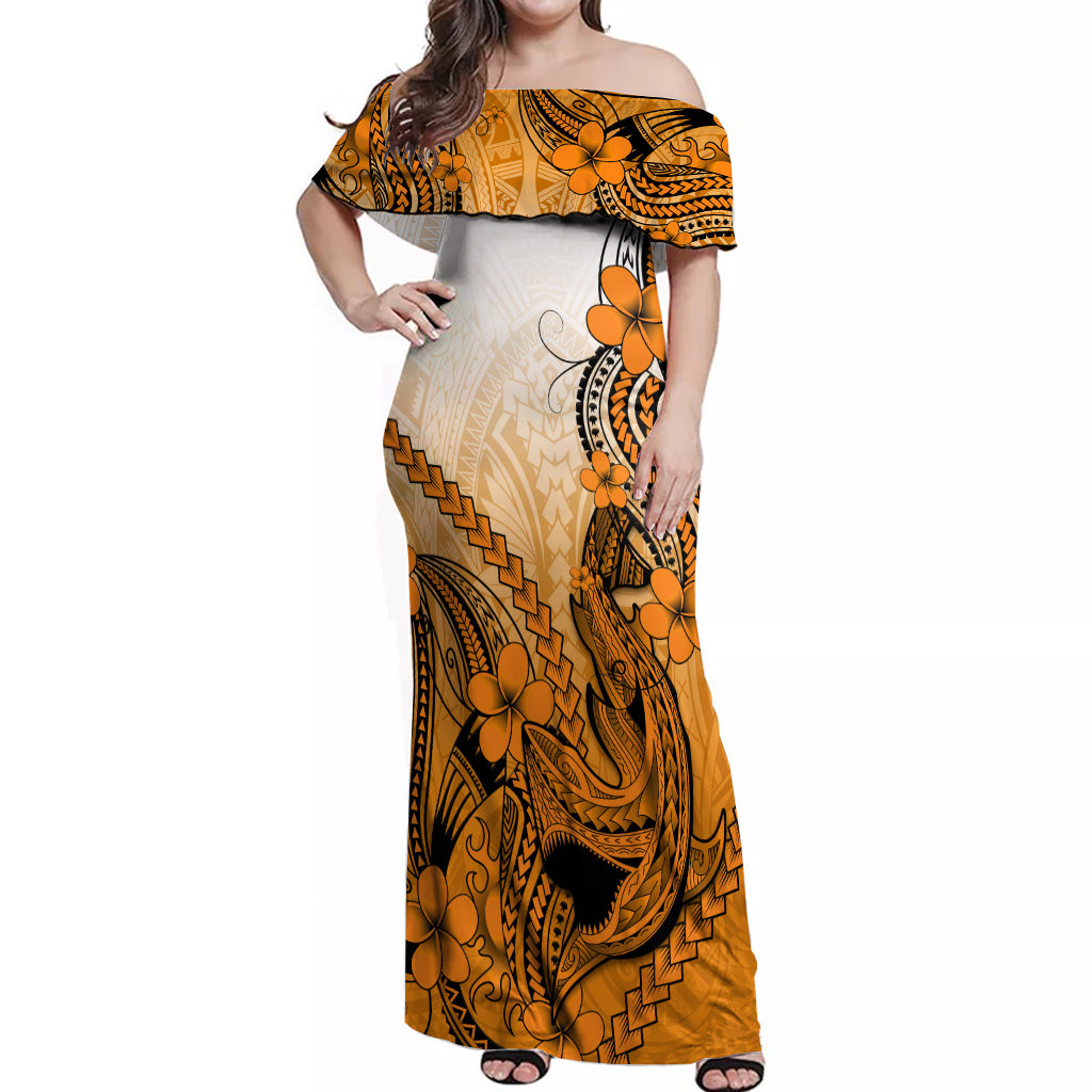 Hawaii Off Shoulder Maxi Dress Polynesian Shark Tattoo With Plumeria Orange Gradient LT14 Women Orange - Polynesian Pride