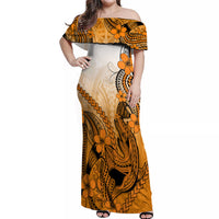 Hawaii Off Shoulder Maxi Dress Polynesian Shark Tattoo With Plumeria Orange Gradient LT14 Women Orange - Polynesian Pride