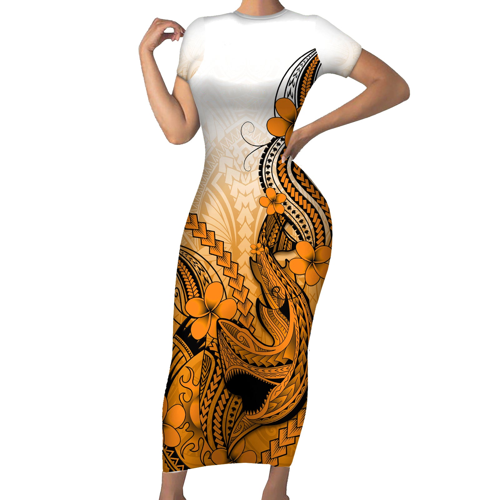 Hawaii Short Sleeve Bodycon Dress Polynesian Shark Tattoo With Plumeria Orange Gradient LT14 Long Dress Orange - Polynesian Pride