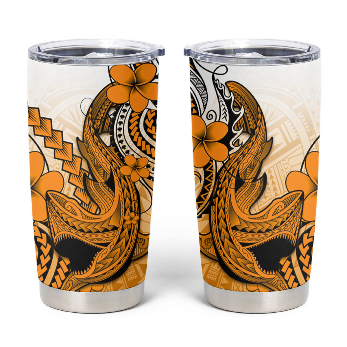 Hawaii Tumbler Cup Polynesian Shark Tattoo With Plumeria Orange Gradient LT14 Orange - Polynesian Pride