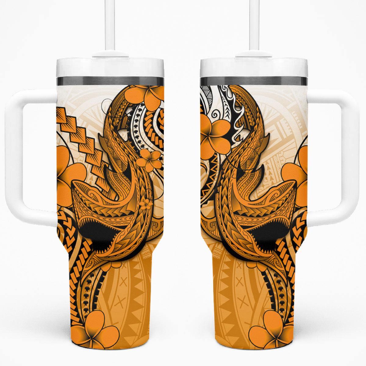 Hawaii Tumbler With Handle Polynesian Shark Tattoo With Plumeria Orange Gradient LT14 One Size: 40 oz Orange - Polynesian Pride