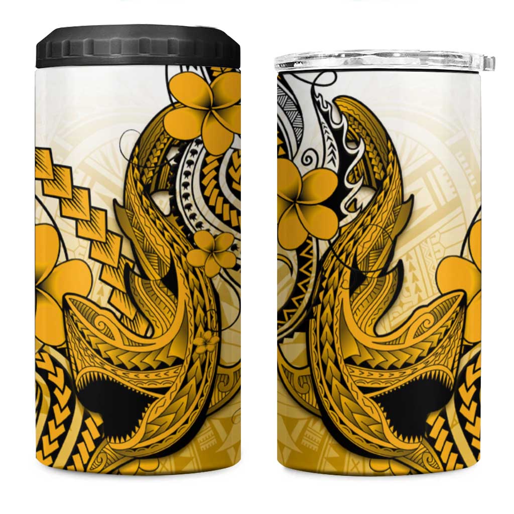 Hawaii 4 in 1 Can Cooler Tumbler Polynesian Shark Tattoo With Plumeria Gold Gradient LT14 One Size: 16 oz Gold - Polynesian Pride