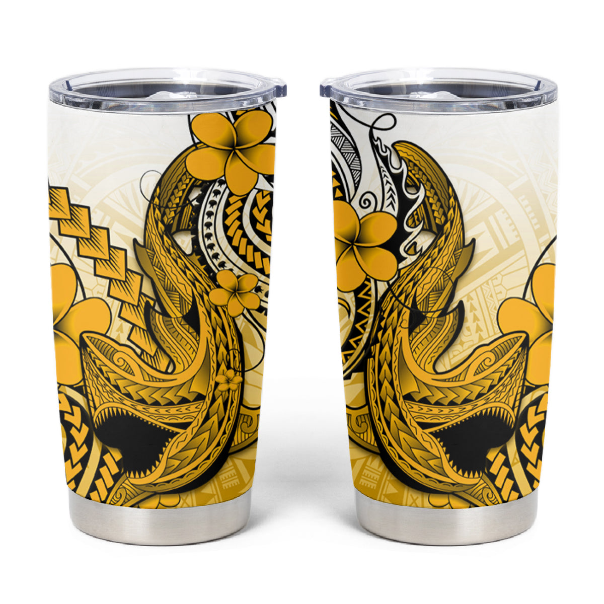 Hawaii Tumbler Cup Polynesian Shark Tattoo With Plumeria Gold Gradient LT14 Gold - Polynesian Pride