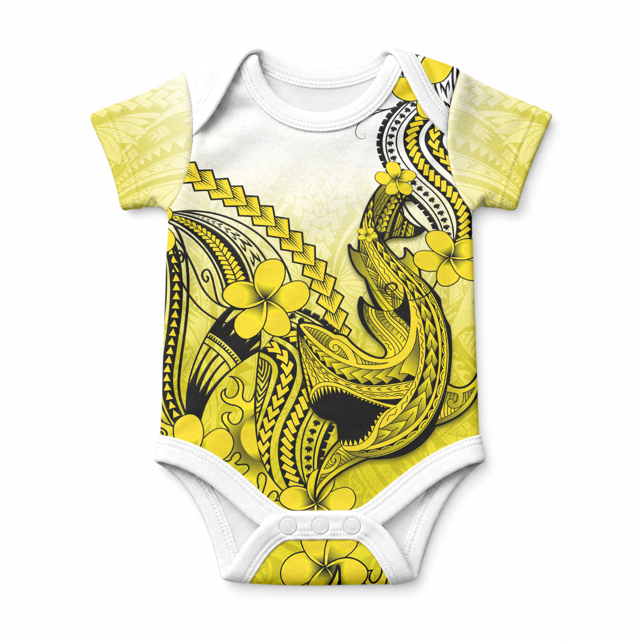 Hawaii Baby Onesie Polynesian Shark Tattoo With Plumeria Yellow Gradient LT14 Yellow - Polynesian Pride