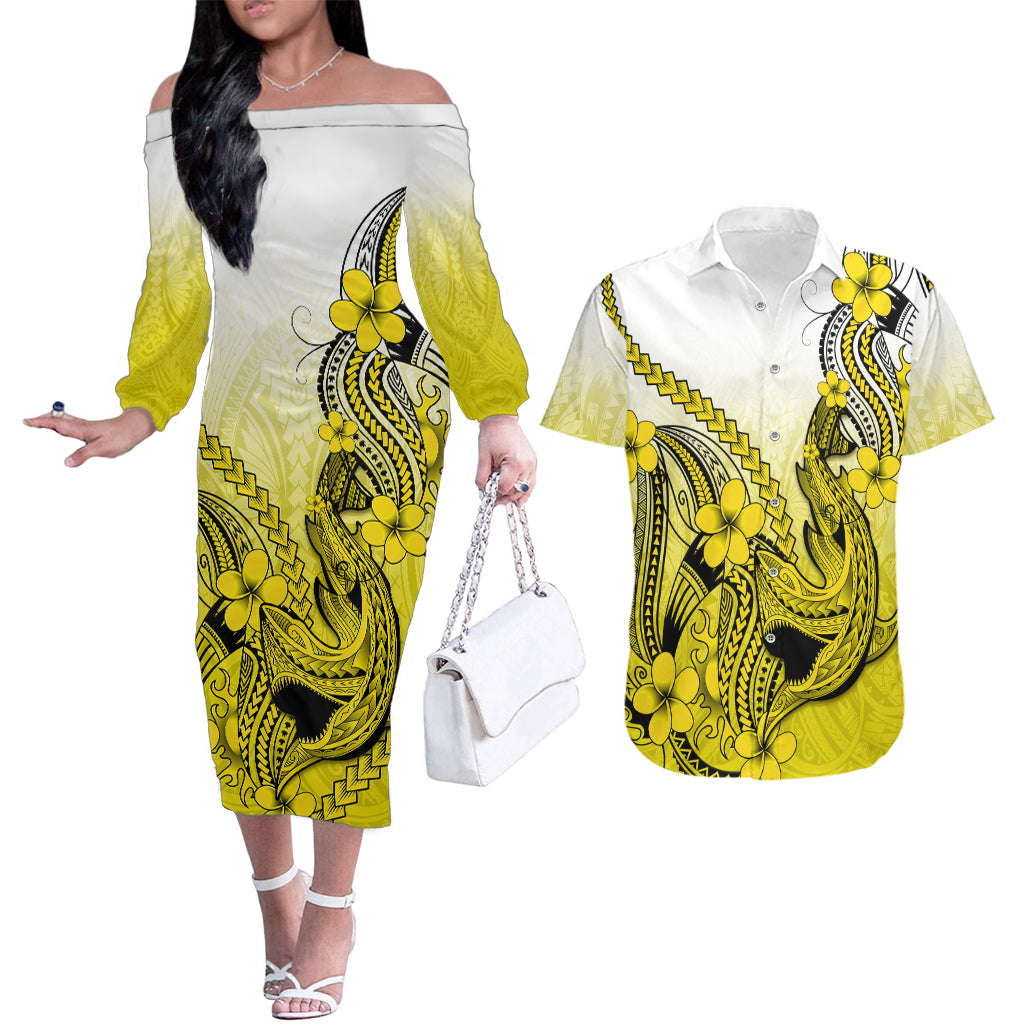 Hawaii Couples Matching Off The Shoulder Long Sleeve Dress and Hawaiian Shirt Polynesian Shark Tattoo With Plumeria Yellow Gradient LT14 Yellow - Polynesian Pride