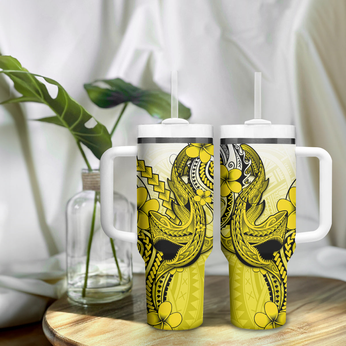 Hawaii Tumbler With Handle Polynesian Shark Tattoo With Plumeria Yellow Gradient LT14 - Polynesian Pride