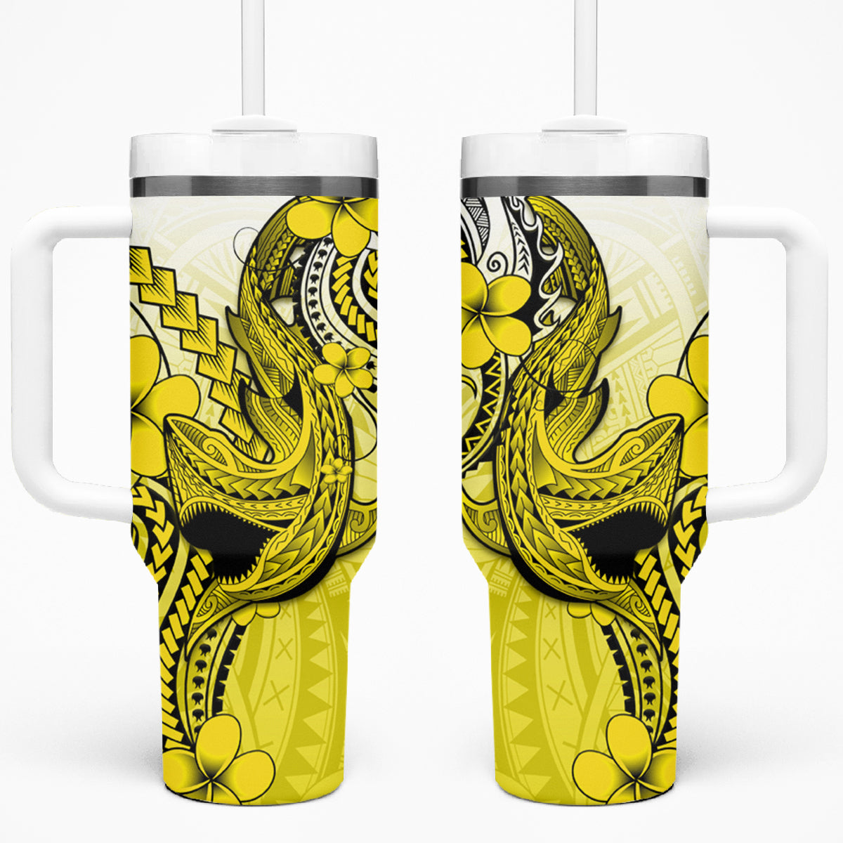 Hawaii Tumbler With Handle Polynesian Shark Tattoo With Plumeria Yellow Gradient LT14 One Size: 40 oz Yellow - Polynesian Pride
