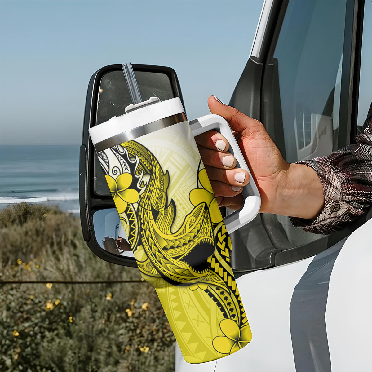 Hawaii Tumbler With Handle Polynesian Shark Tattoo With Plumeria Yellow Gradient LT14 - Polynesian Pride