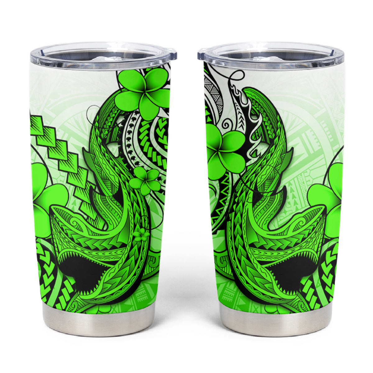 Hawaii Tumbler Cup Polynesian Shark Tattoo With Plumeria Green Gradient LT14 Green - Polynesian Pride