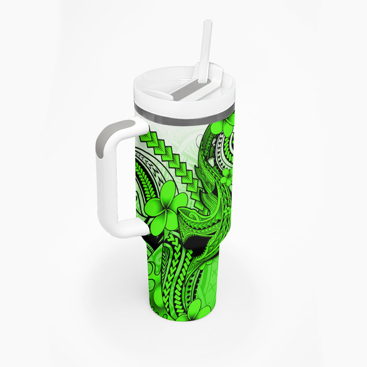 Hawaii Tumbler With Handle Polynesian Shark Tattoo With Plumeria Green Gradient LT14 - Polynesian Pride