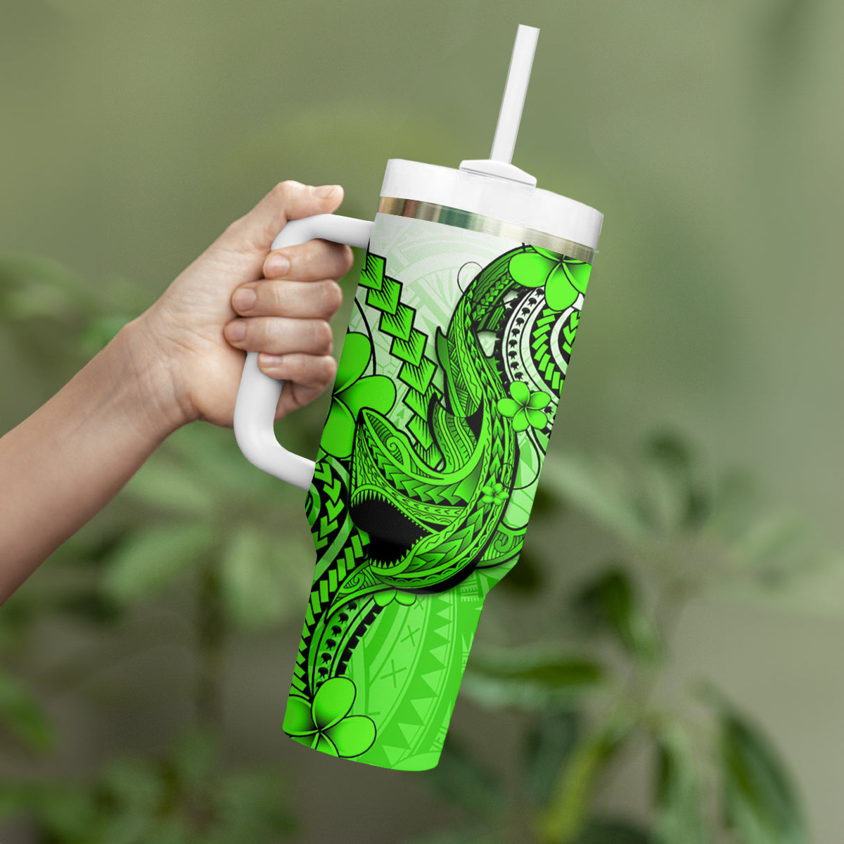 Hawaii Tumbler With Handle Polynesian Shark Tattoo With Plumeria Green Gradient LT14 - Polynesian Pride