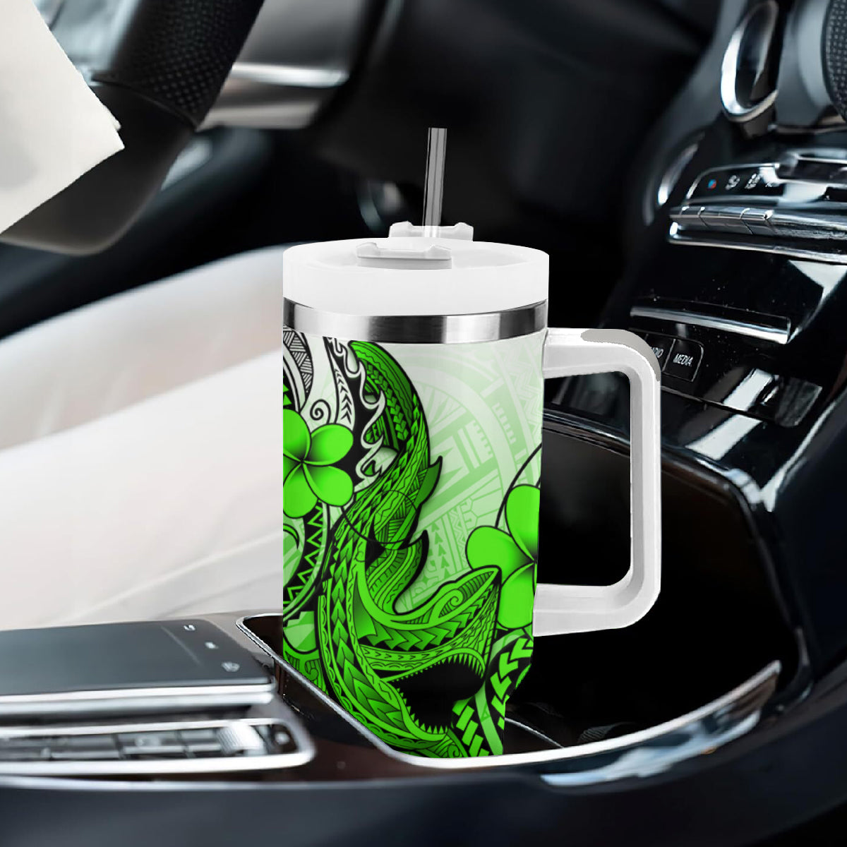 Hawaii Tumbler With Handle Polynesian Shark Tattoo With Plumeria Green Gradient LT14 - Polynesian Pride