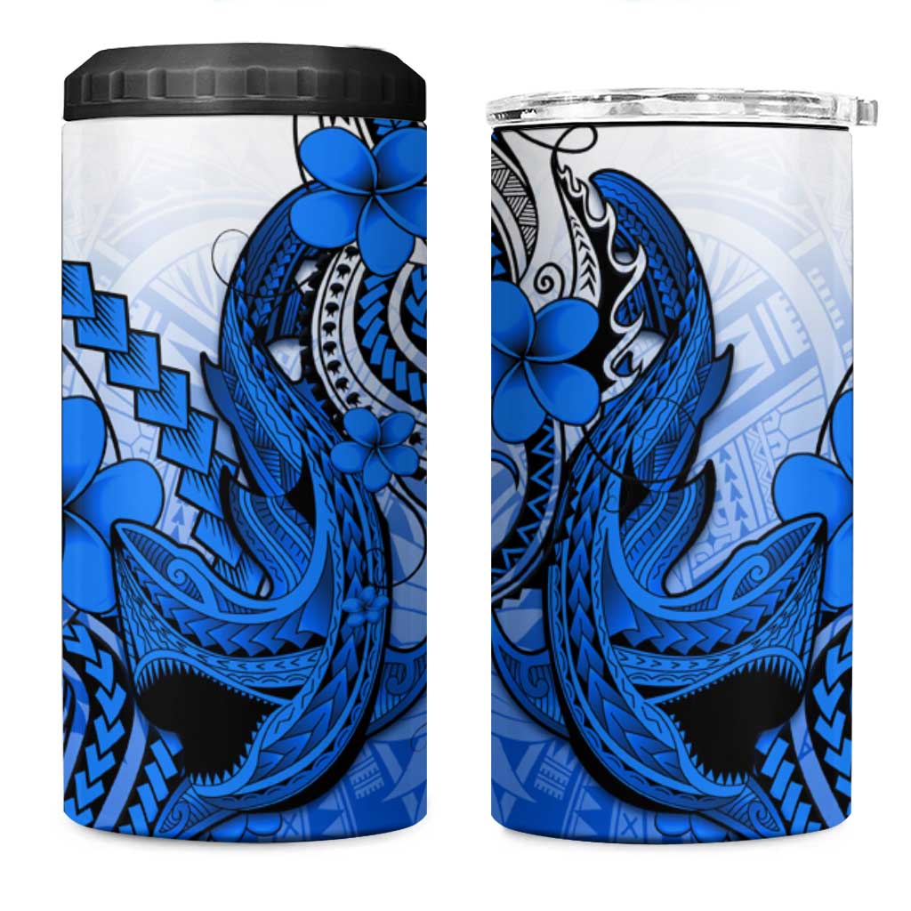 Hawaii 4 in 1 Can Cooler Tumbler Polynesian Shark Tattoo With Plumeria Blue Gradient LT14 One Size: 16 oz Blue - Polynesian Pride
