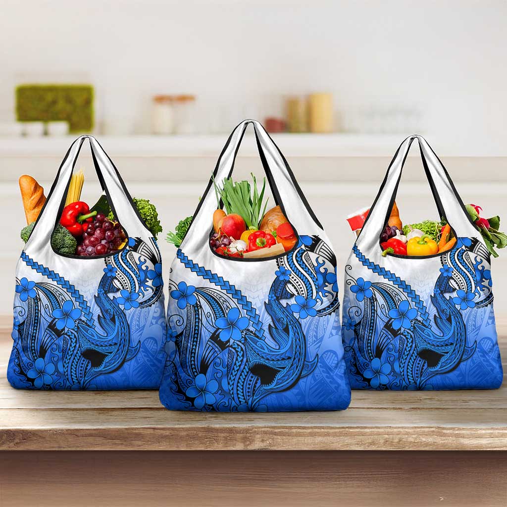 Blue Gradient Hawaii Grocery Bag Polynesian Shark Tattoo With Plumeria LT14 3-pack One Size Blue - Polynesian Pride