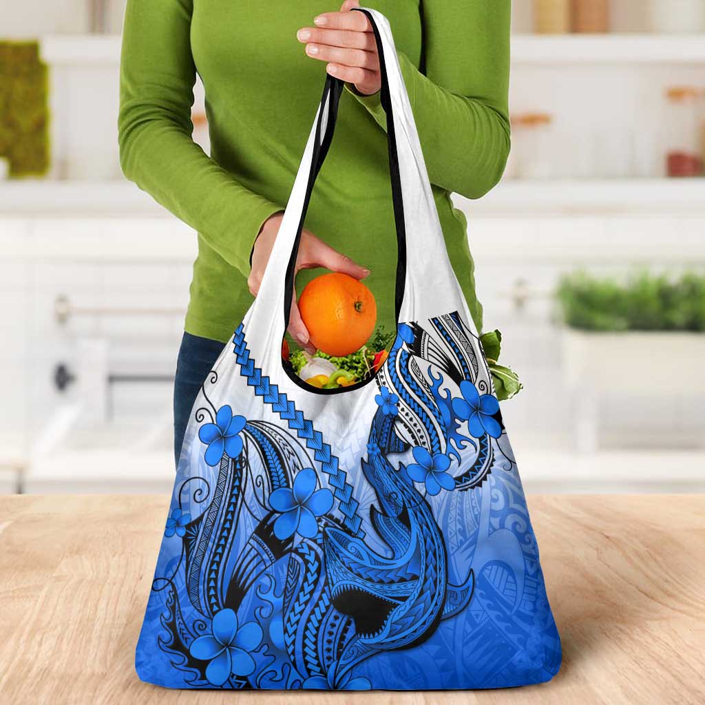 Blue Gradient Hawaii Grocery Bag Polynesian Shark Tattoo With Plumeria LT14 - Polynesian Pride