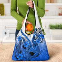 Blue Gradient Hawaii Grocery Bag Polynesian Shark Tattoo With Plumeria LT14 - Polynesian Pride