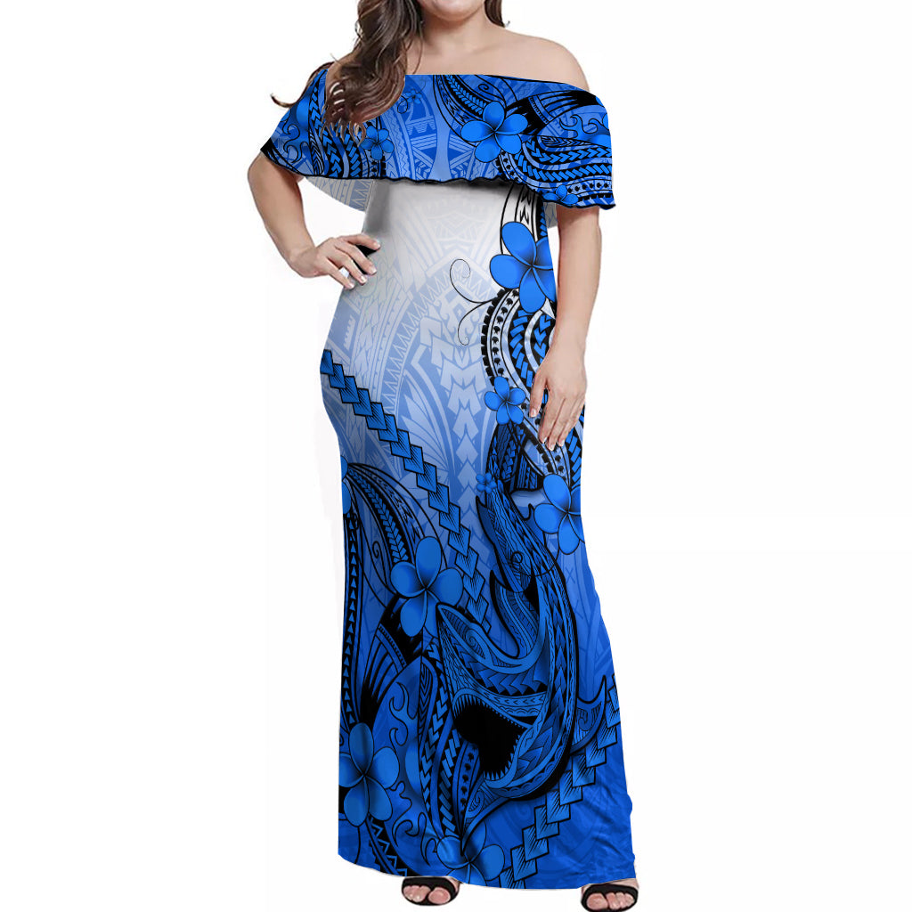 Hawaii Off Shoulder Maxi Dress Polynesian Shark Tattoo With Plumeria Blue Gradient LT14 Women Blue - Polynesian Pride