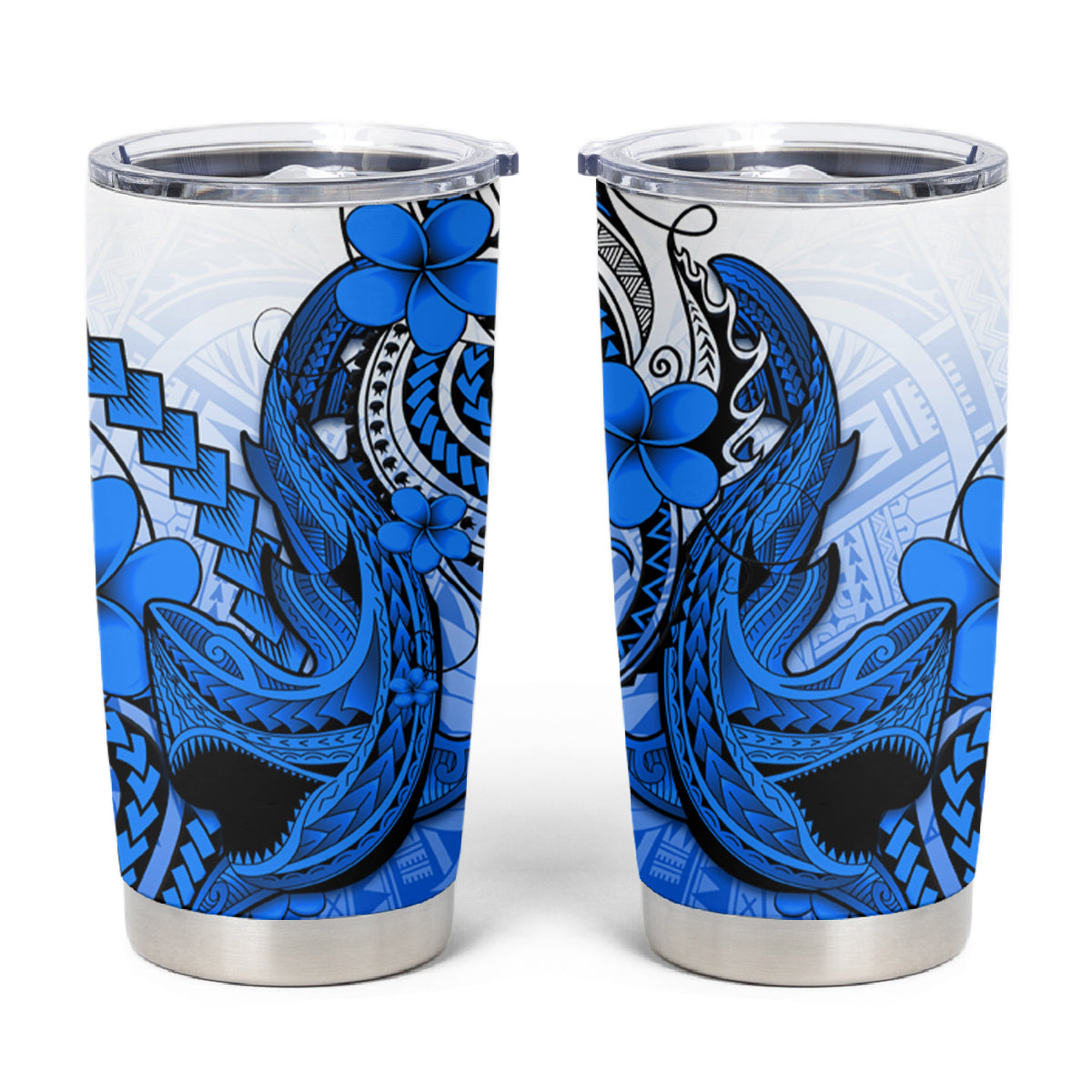 Hawaii Tumbler Cup Polynesian Shark Tattoo With Plumeria Blue Gradient LT14 Blue - Polynesian Pride