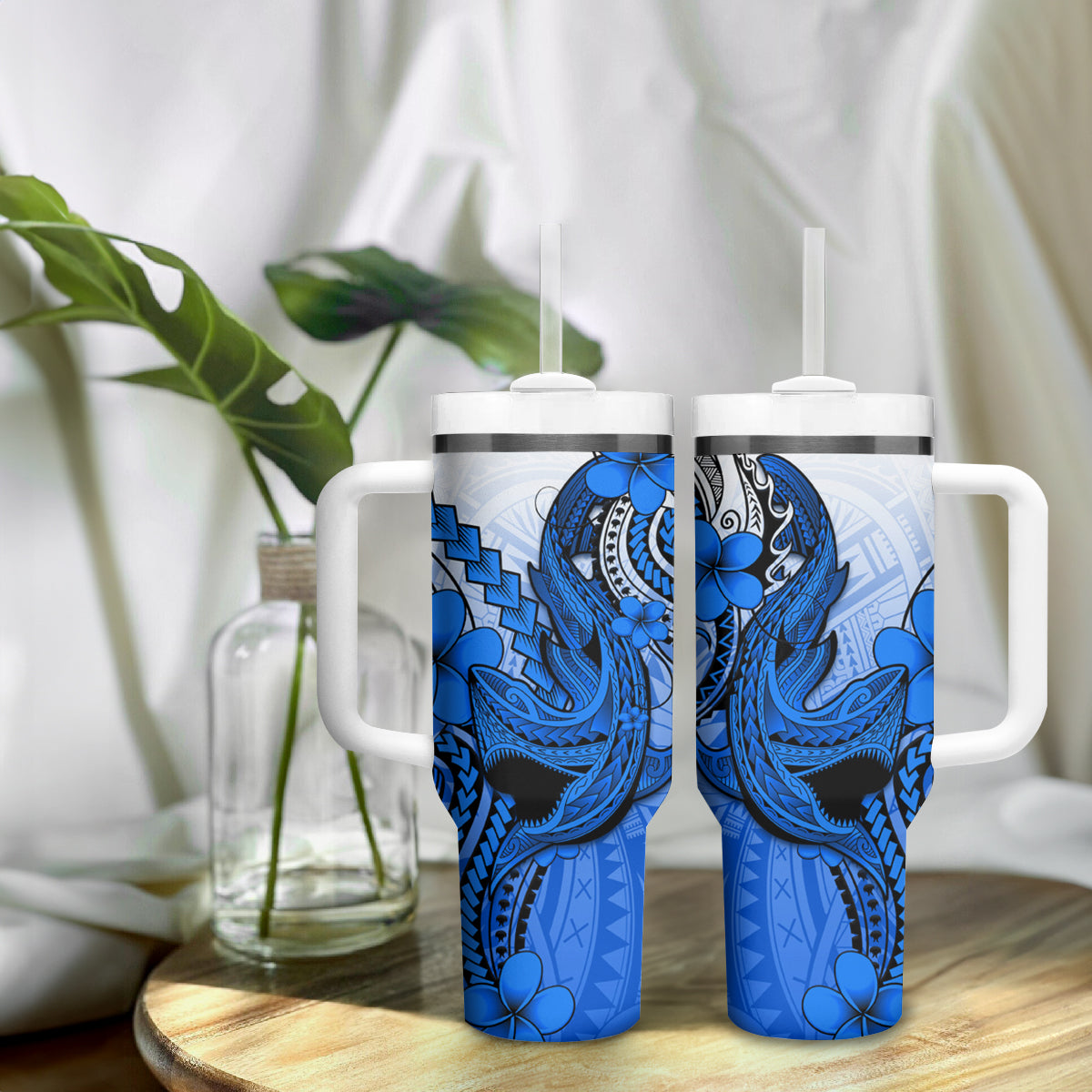 Hawaii Tumbler With Handle Polynesian Shark Tattoo With Plumeria Blue Gradient LT14 - Polynesian Pride