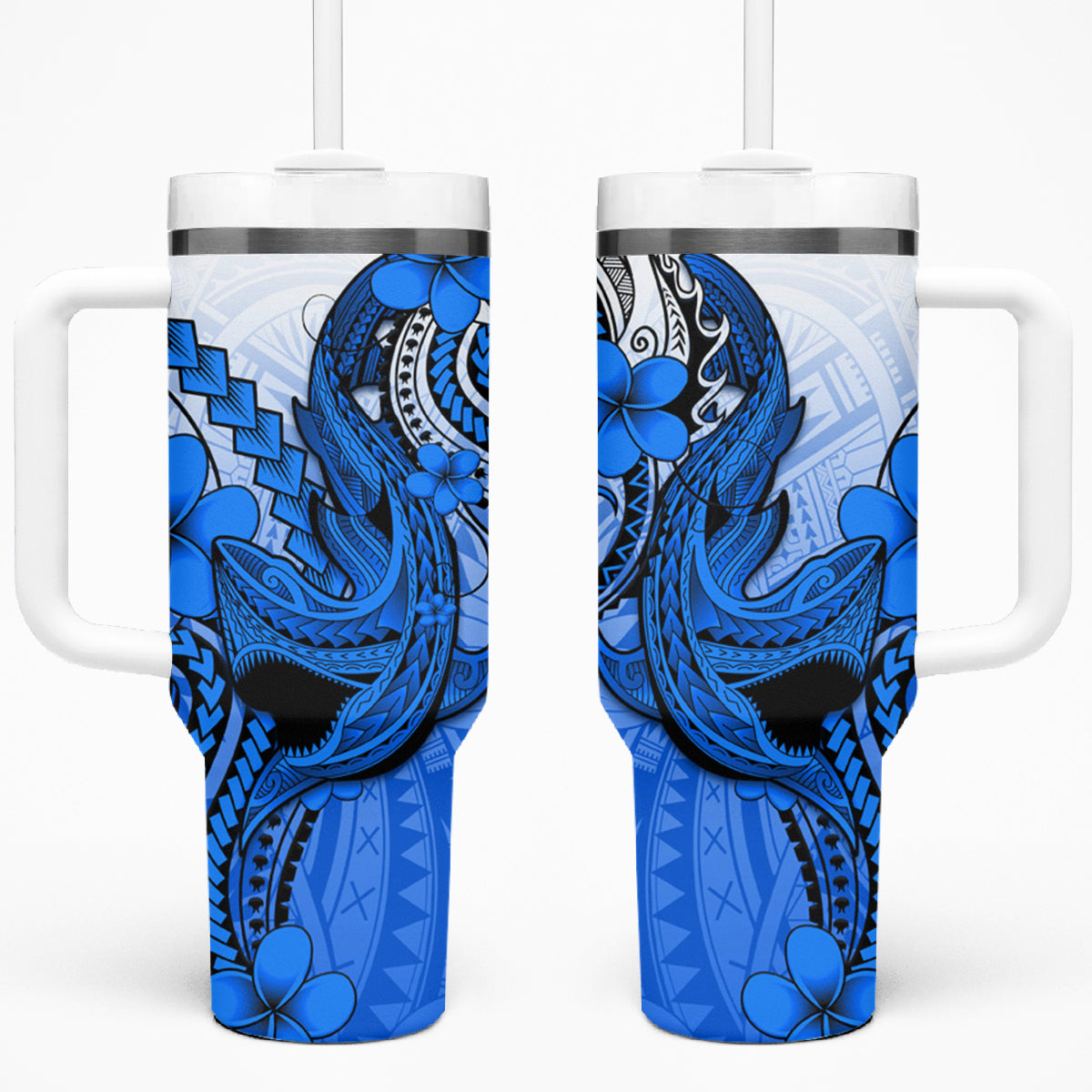 Hawaii Tumbler With Handle Polynesian Shark Tattoo With Plumeria Blue Gradient LT14 One Size: 40 oz Blue - Polynesian Pride