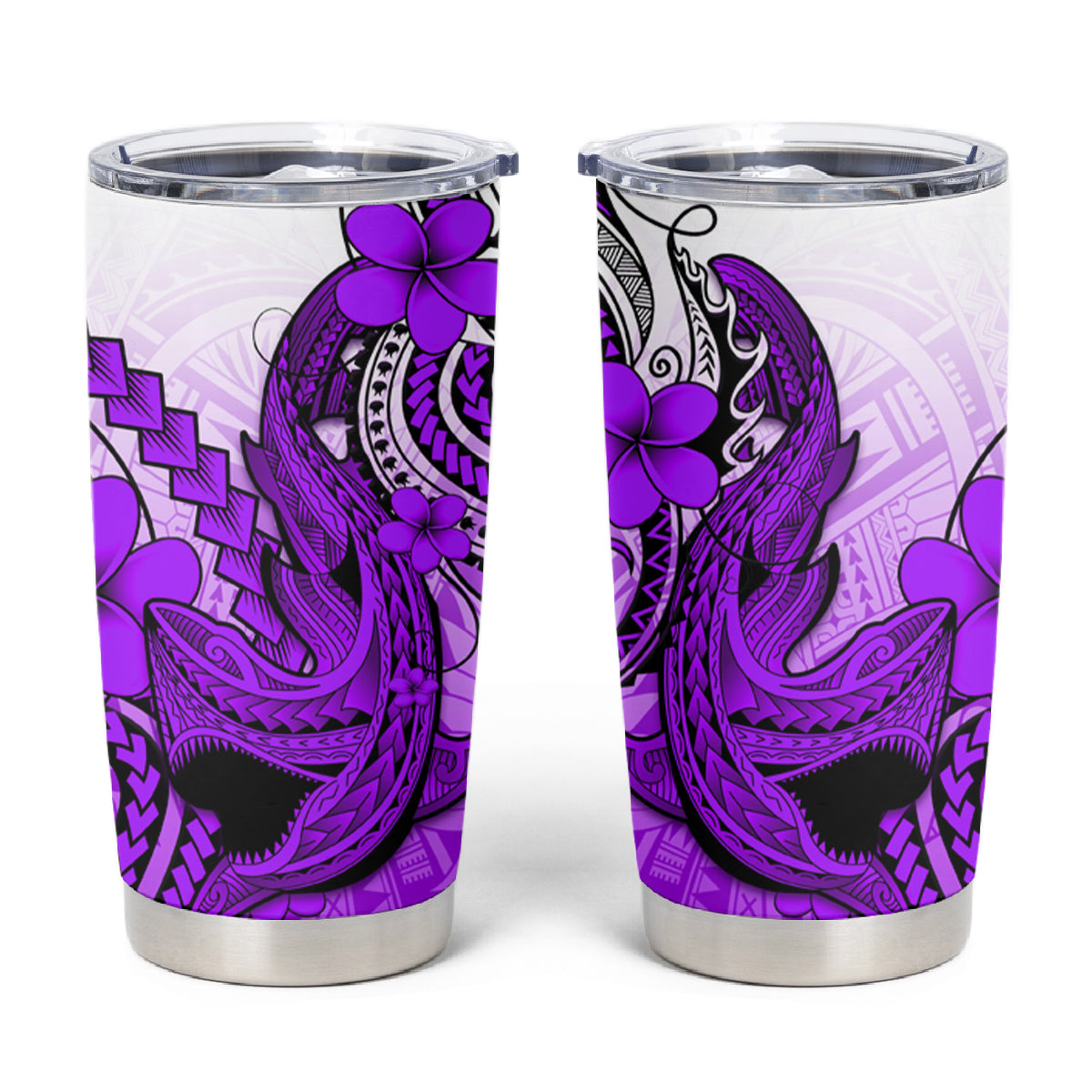 Hawaii Tumbler Cup Polynesian Shark Tattoo With Plumeria Purple Gradient LT14 Purple - Polynesian Pride