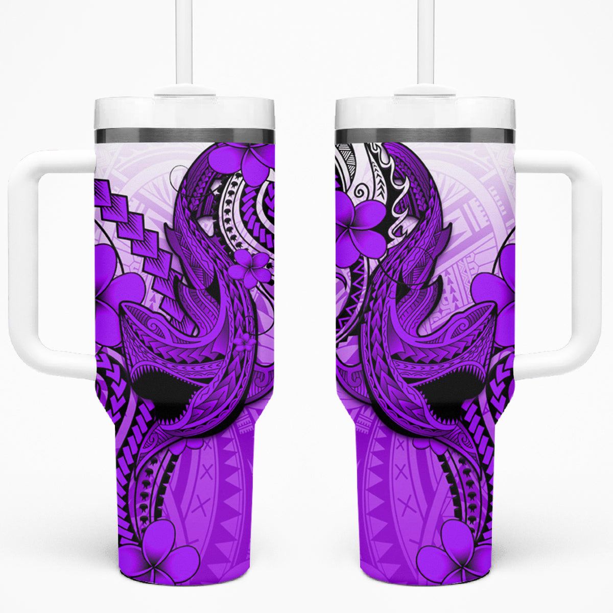 Hawaii Tumbler With Handle Polynesian Shark Tattoo With Plumeria Purple Gradient LT14 One Size: 40 oz Purple - Polynesian Pride