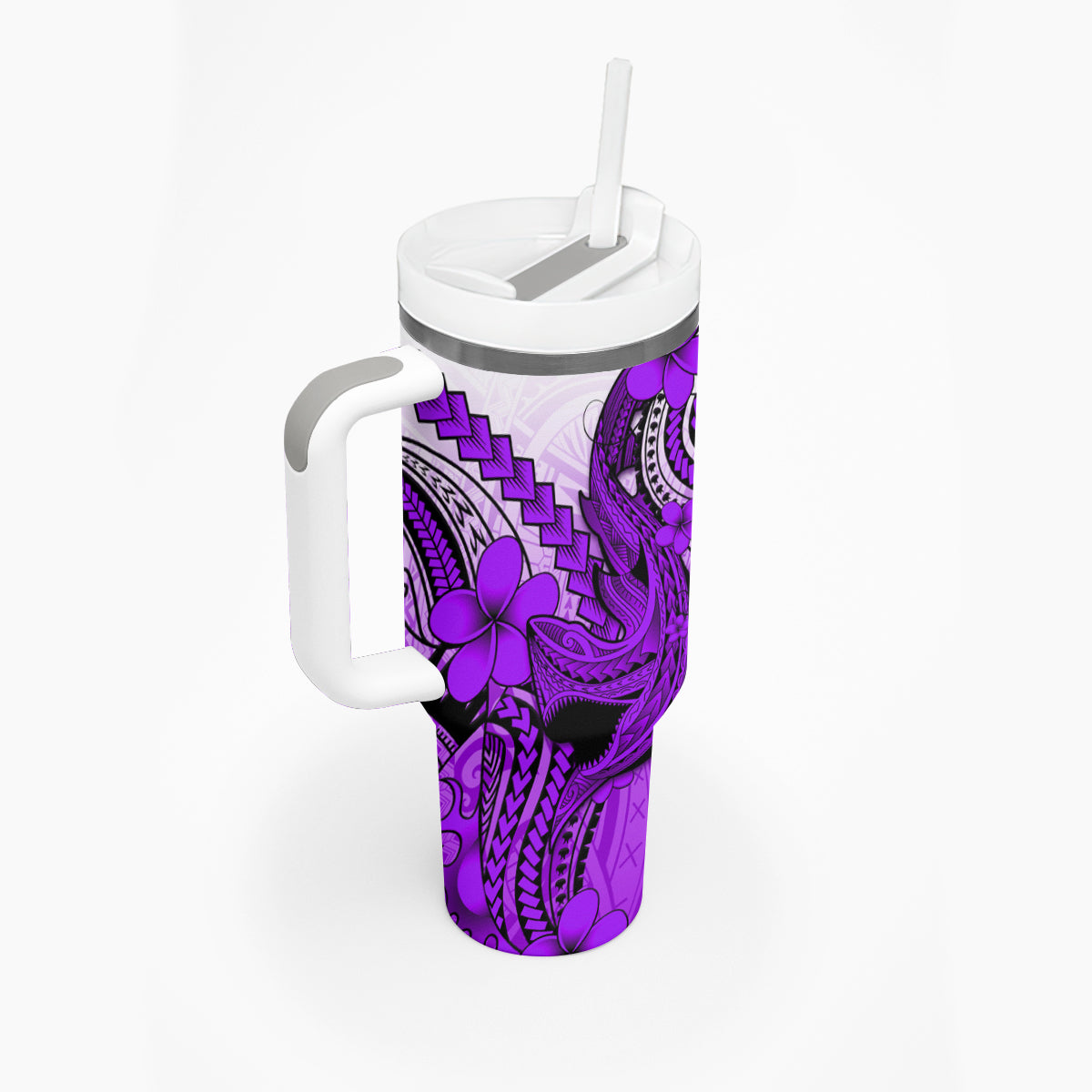 Hawaii Tumbler With Handle Polynesian Shark Tattoo With Plumeria Purple Gradient LT14 - Polynesian Pride