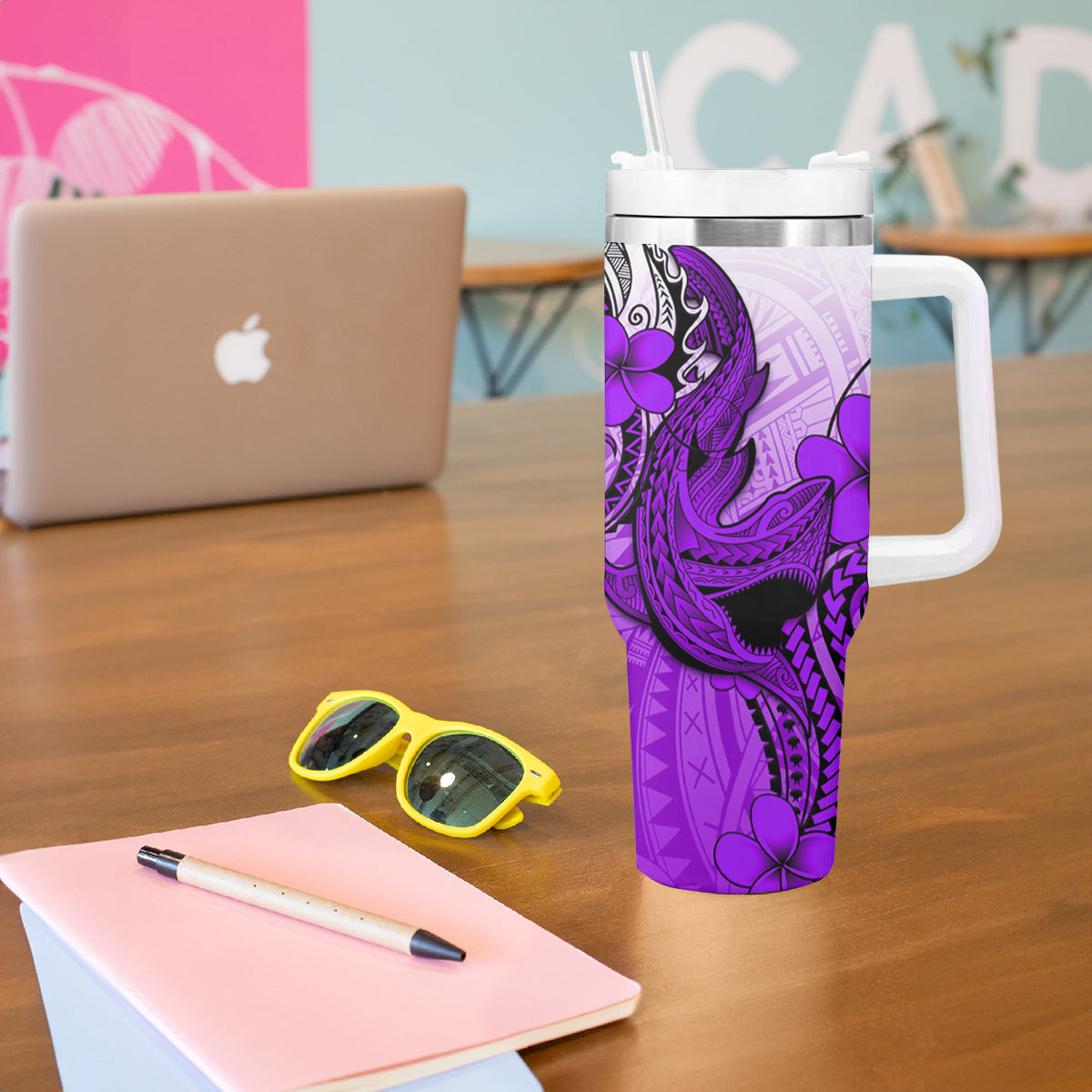 Hawaii Tumbler With Handle Polynesian Shark Tattoo With Plumeria Purple Gradient LT14 - Polynesian Pride