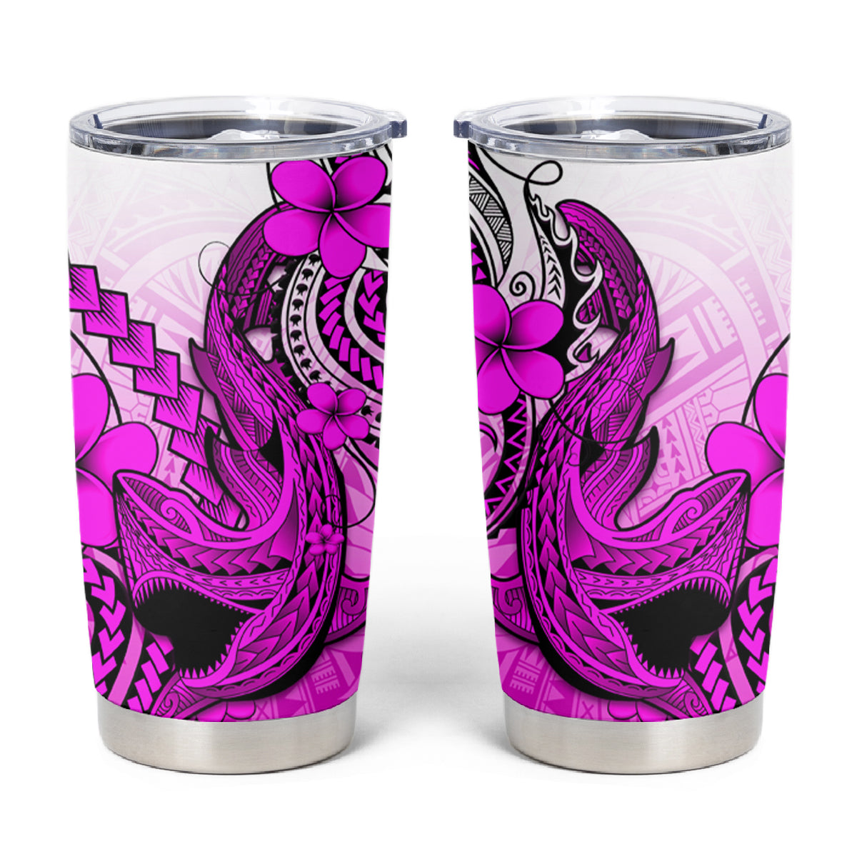 Hawaii Tumbler Cup Polynesian Shark Tattoo With Plumeria Pink Gradient LT14 Pink - Polynesian Pride