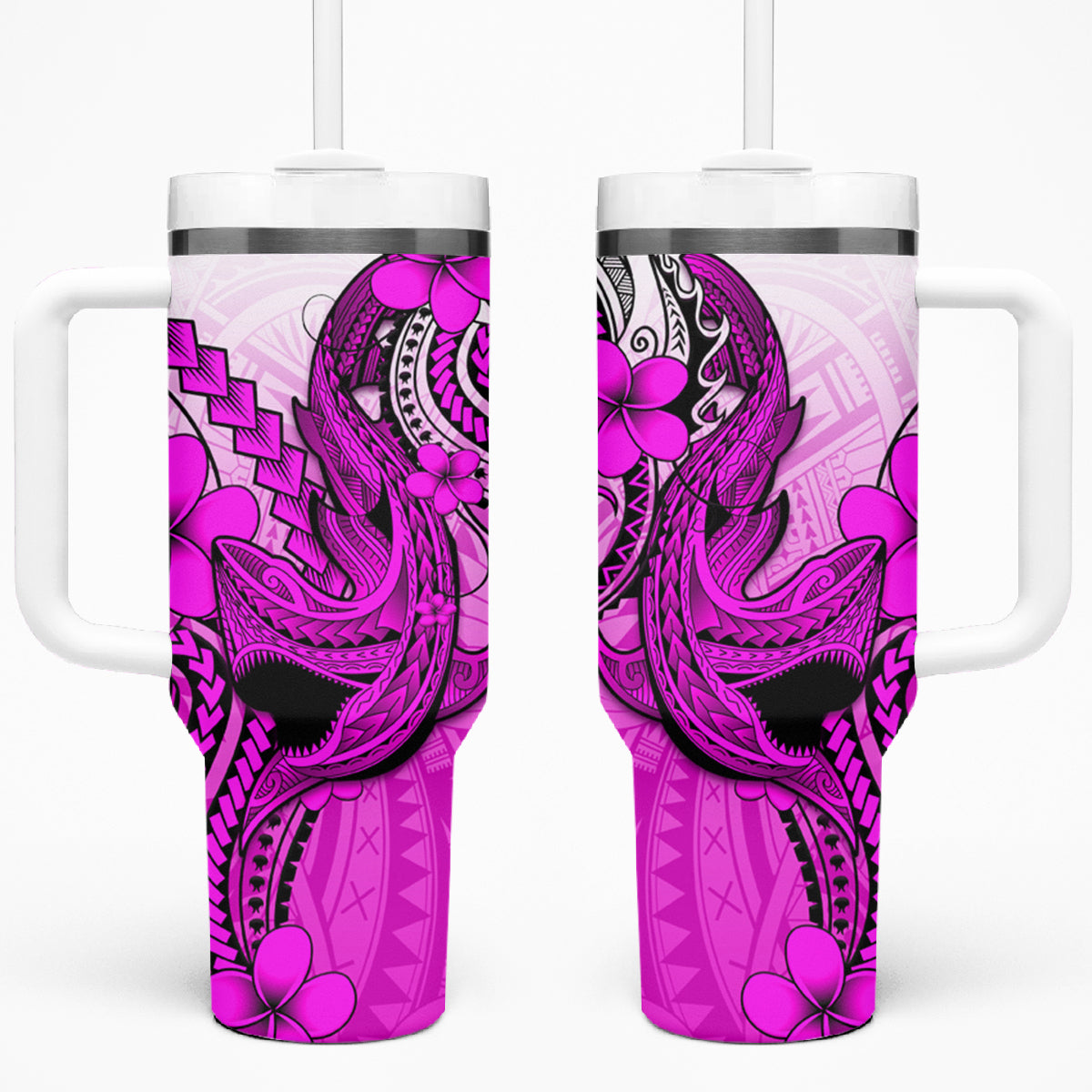 Hawaii Tumbler With Handle Polynesian Shark Tattoo With Plumeria Pink Gradient LT14 One Size: 40 oz Pink - Polynesian Pride