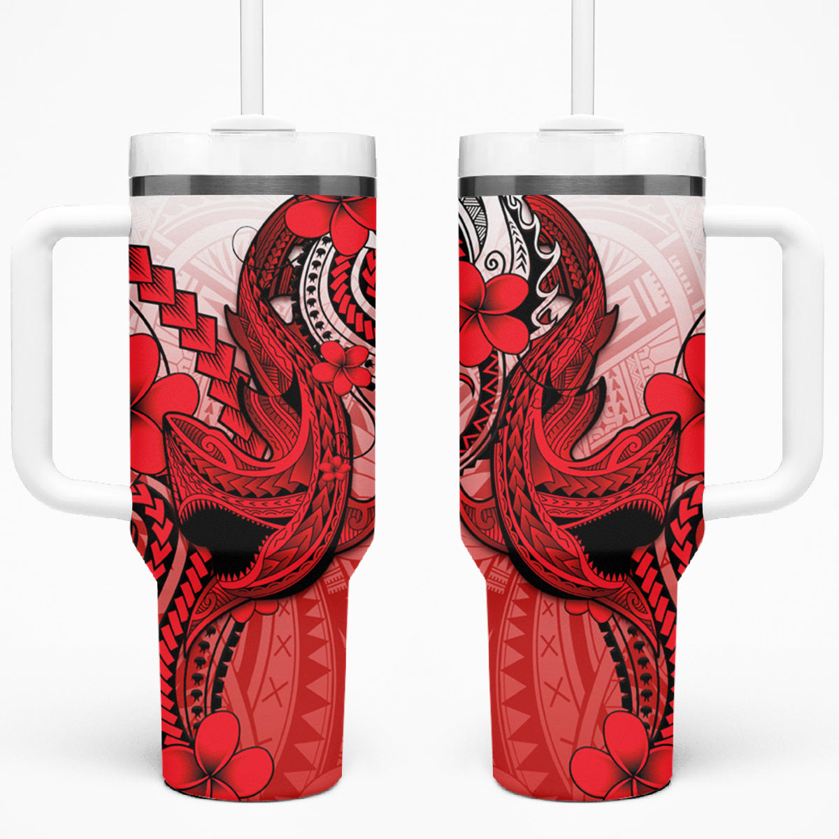 Hawaii Tumbler With Handle Polynesian Shark Tattoo With Plumeria Red Gradient LT14 One Size: 40 oz Red - Polynesian Pride