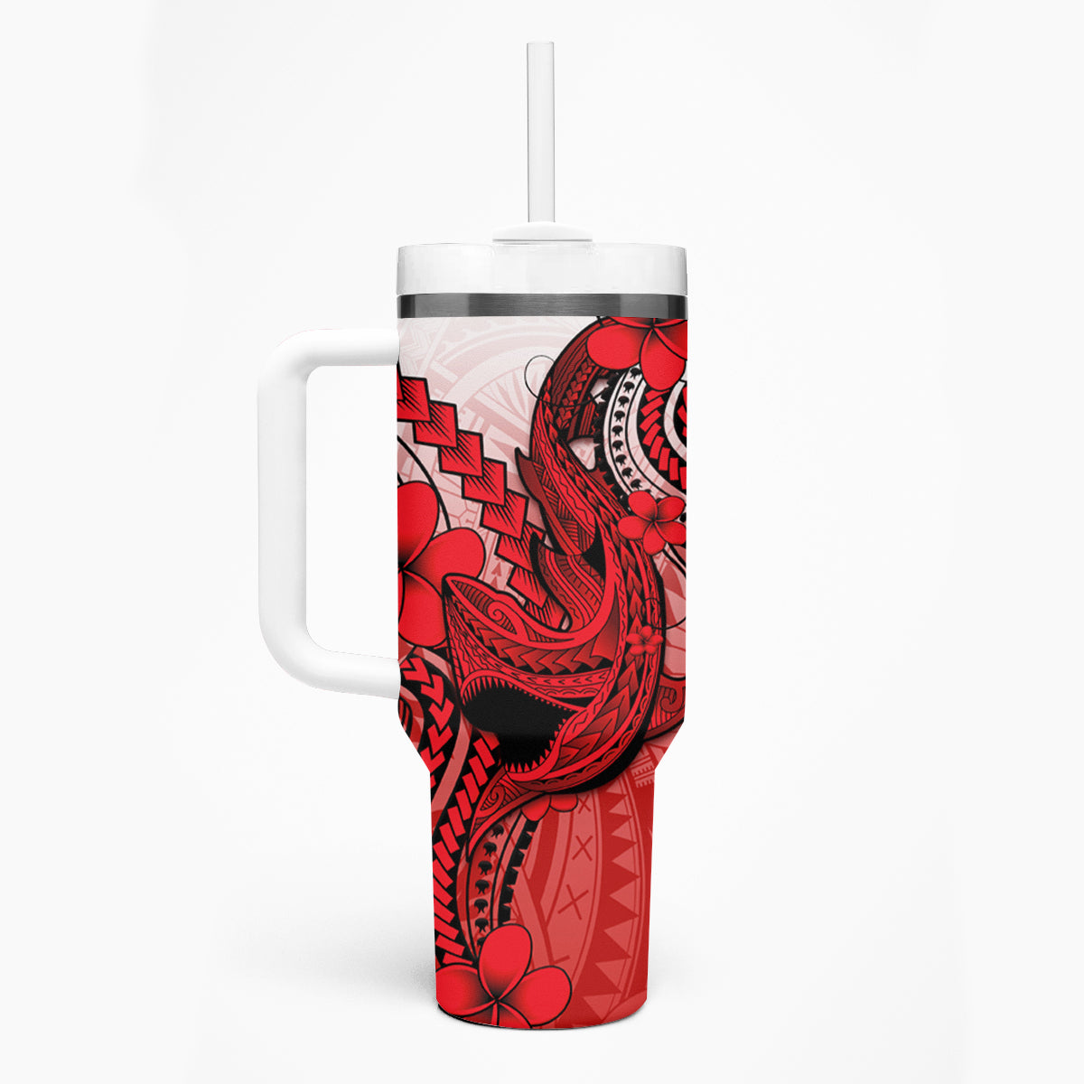 Hawaii Tumbler With Handle Polynesian Shark Tattoo With Plumeria Red Gradient LT14 - Polynesian Pride