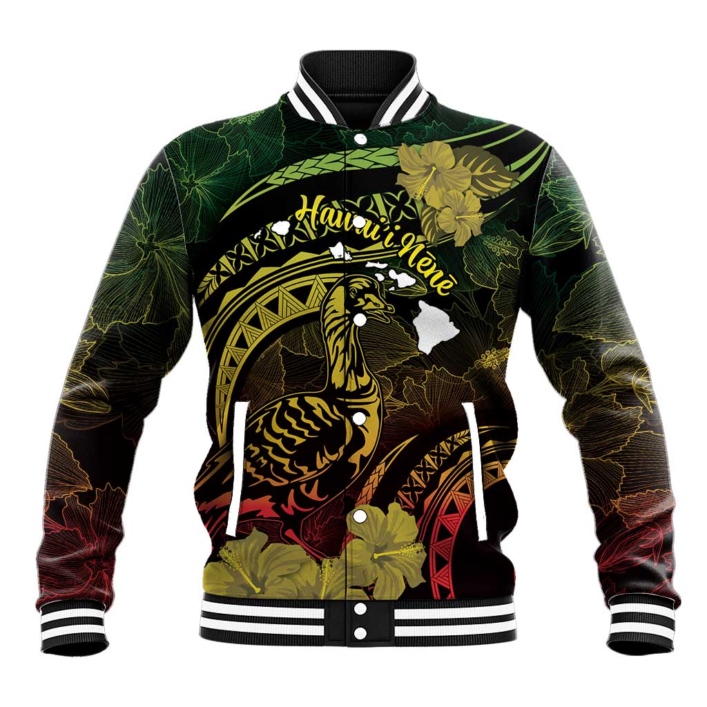 Personalised Hawaii Nene Goose Baseball Jacket Hawaiian Map Hibiscus Polynesian Art - Reggae Gradient LT14 Unisex Reggae - Polynesian Pride