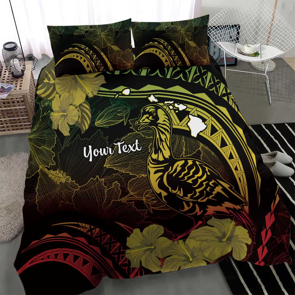 Personalised Hawaii Nene Goose Bedding Set Hawaiian Map Hibiscus Polynesian Art - Reggae Gradient LT14 - Polynesian Pride