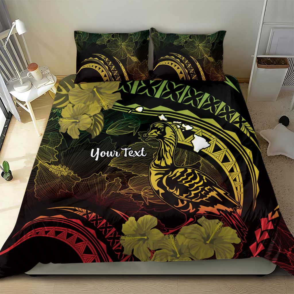 Personalised Hawaii Nene Goose Bedding Set Hawaiian Map Hibiscus Polynesian Art - Reggae Gradient LT14 - Polynesian Pride