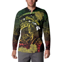 Personalised Hawaii Nene Goose Button Sweatshirt Hawaiian Map Hibiscus Polynesian Art - Reggae Gradient LT14 - Polynesian Pride