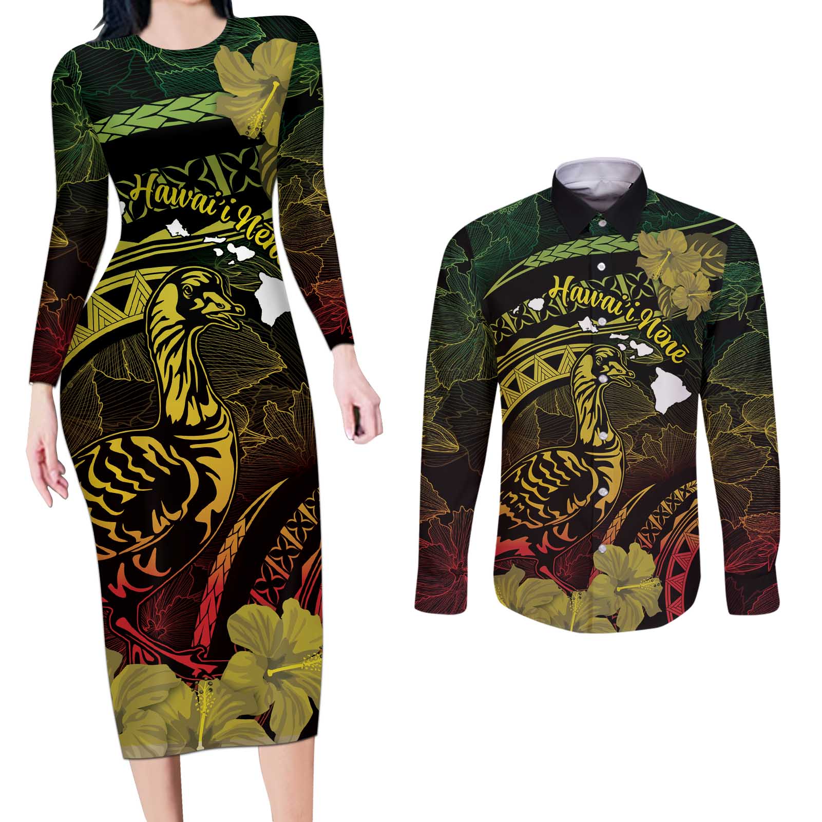 Personalised Hawaii Nene Goose Couples Matching Long Sleeve Bodycon Dress and Long Sleeve Button Shirt Hawaiian Map Hibiscus Polynesian Art - Reggae Gradient