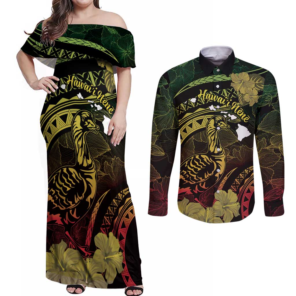 Personalised Hawaii Nene Goose Couples Matching Off Shoulder Maxi Dress and Long Sleeve Button Shirt Hawaiian Map Hibiscus Polynesian Art - Reggae Gradient