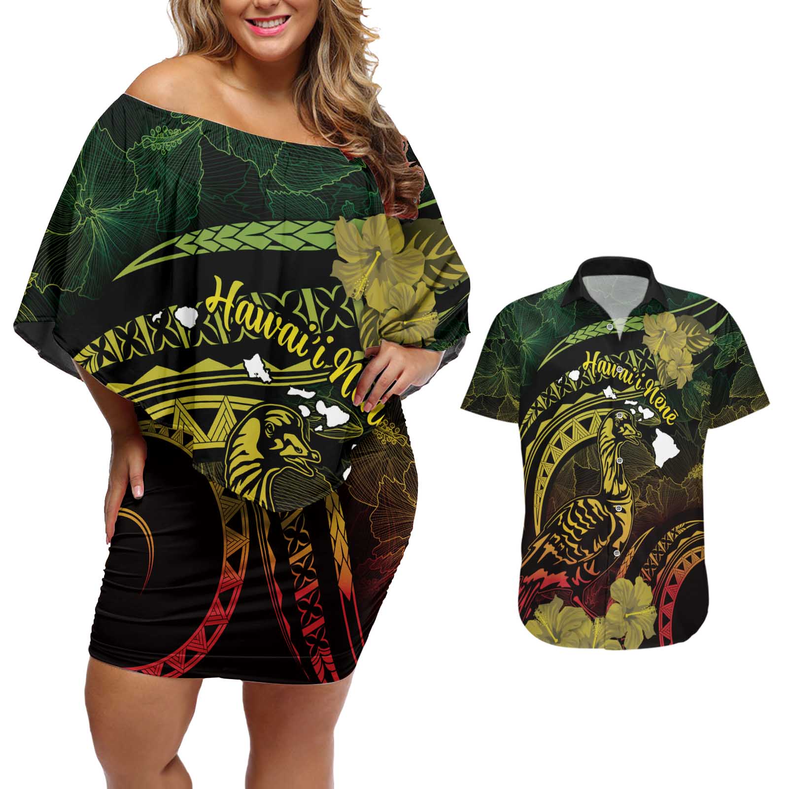 Personalised Hawaii Nene Goose Couples Matching Off Shoulder Short Dress and Hawaiian Shirt Hawaiian Map Hibiscus Polynesian Art - Reggae Gradient