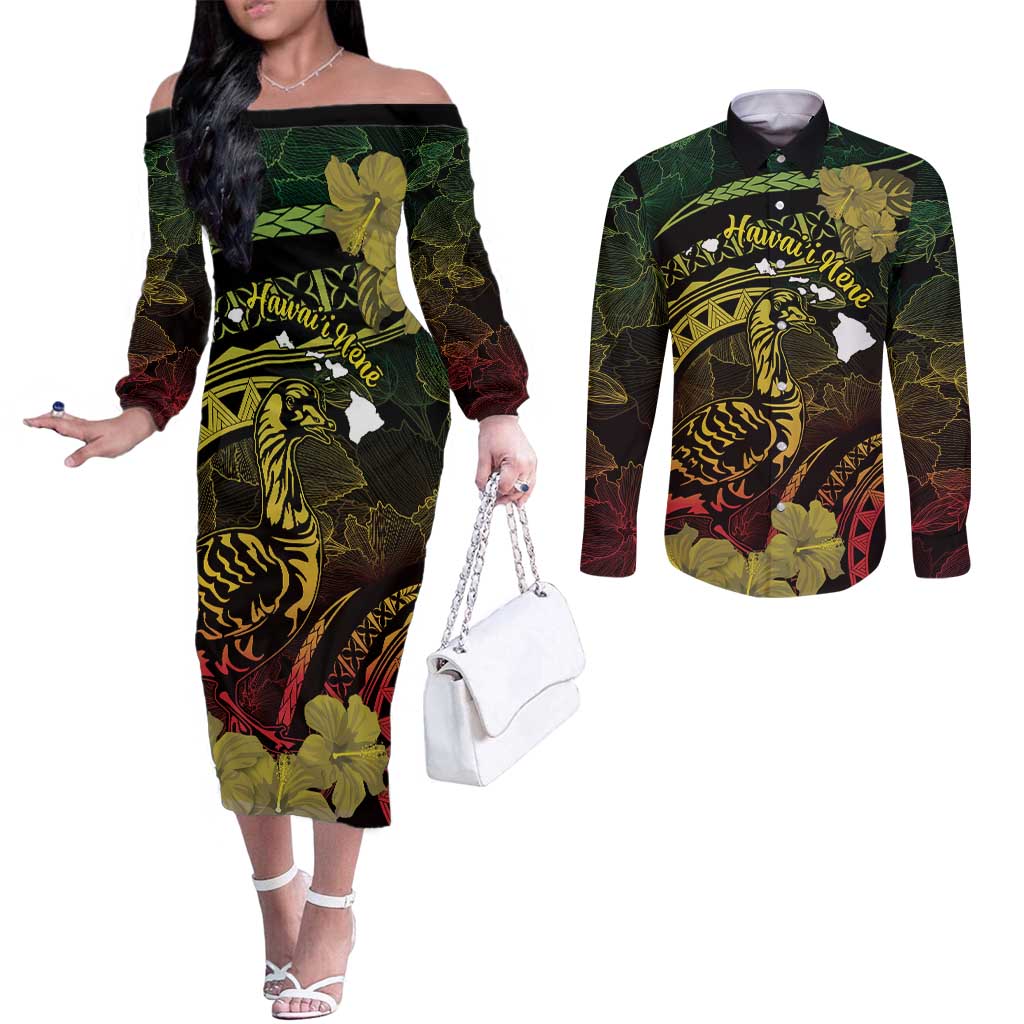 Personalised Hawaii Nene Goose Couples Matching Off The Shoulder Long Sleeve Dress and Long Sleeve Button Shirt Hawaiian Map Hibiscus Polynesian Art - Reggae Gradient