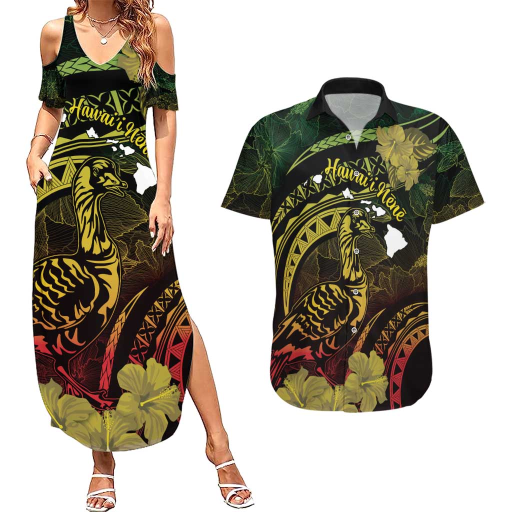 Personalised Hawaii Nene Goose Couples Matching Summer Maxi Dress and Hawaiian Shirt Hawaiian Map Hibiscus Polynesian Art - Reggae Gradient