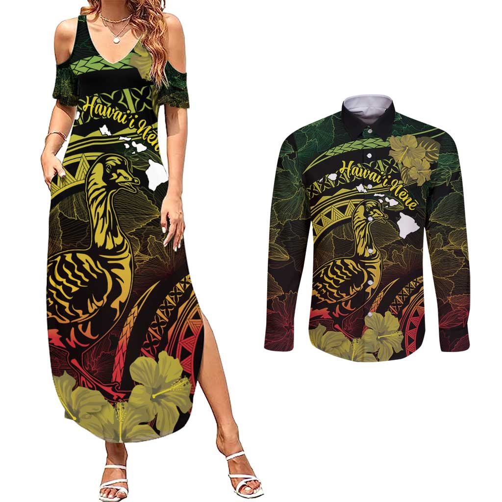 Personalised Hawaii Nene Goose Couples Matching Summer Maxi Dress and Long Sleeve Button Shirt Hawaiian Map Hibiscus Polynesian Art - Reggae Gradient