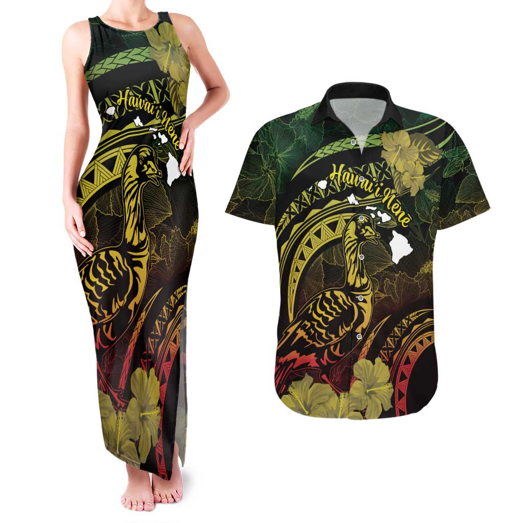 Personalised Hawaii Nene Goose Couples Matching Tank Maxi Dress and Hawaiian Shirt Hawaiian Map Hibiscus Polynesian Art - Reggae Gradient